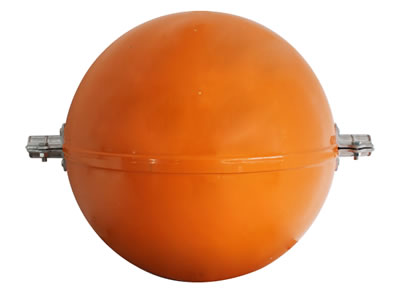 The picture shows an orange obstruction marking sphere with two clamps.