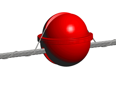 A rotating red warning ball installed on power line conductor, we can see it from all angles.