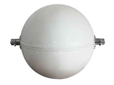 The picture shows a white obstruction marking sphere with two clamps.